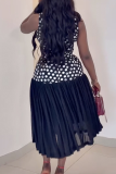 Elegant Print Pleated O Neck Long Dresses
