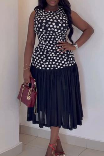 Elegant Print Pleated O Neck Long Dresses