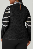 Casual Print Contrast O Neck Plus Size Tops