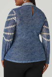 Casual Print Contrast O Neck Plus Size Tops