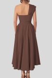 Elegant Solid Color Pocket Backless Slit Oblique Collar Long Plus Size Dresses