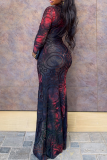 Elegant Print Patchwork Turtleneck Long Dresses