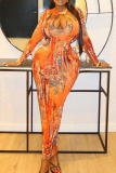 Sexy Print Hollow Out O Neck Long Dresses