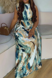 Elegant Print Ruched O Neck Long Dresses