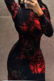 Elegant Print Patchwork Turtleneck Long Dresses
