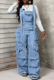 Casual Solid Color Pocket Sleeveless Loose Denim Jumpsuits