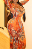 Sexy Print Hollow Out O Neck Long Dresses
