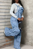 Casual Solid Color Pocket Sleeveless Loose Denim Jumpsuits