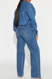 Casual Solid Color Buckle Turndown Collar Long Sleeve Regular Denim Jumpsuits