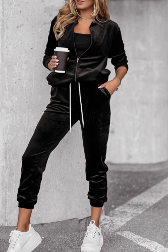 Casual Solid Color Zipper Zipper Collar Long Sleeve Two Pieces