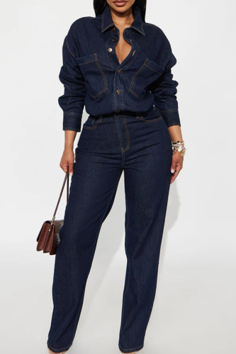 Casual Solid Color Buckle Turndown Collar Long Sleeve Regular Denim Jumpsuits