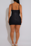 Sexy Solid Color Hollow Out Sequins Spaghetti Strap Wrapped Skirt Dresses