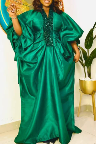 Casual Solid Color Sequins V Neck Long Dresses