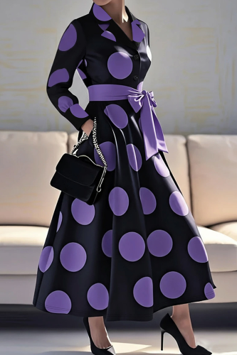 Elegant Print Strap Design Contrast Turndown Collar Long Dresses