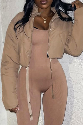 Casual Solid Color Zipper Turndown Collar Outerwear