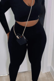 Casual Solid Color Patchwork V Neck Long Sleeve Two Pieces