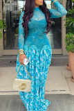 Elegant Print Contrast O Neck Long Dresses