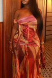 Sexy Print Ruched Strapless Long Dresses