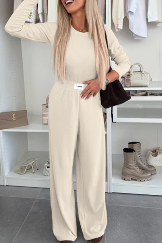 Casual Solid Color Patchwork O Neck Long Sleeve Two Pieces