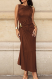 Elegant Solid Color Metal Accessories Trim O Neck Long Dresses