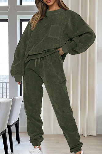 Casual Solid Color Draw String O Neck Long Sleeve Two Pieces