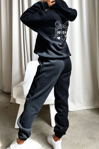 Casual Print Pocket Hooded Long Sleeve Two Pieces