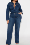 Casual Solid Color Buckle Turndown Collar Long Sleeve Regular Denim Jumpsuits