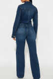 Casual Solid Color Buckle Turndown Collar Long Sleeve Regular Denim Jumpsuits