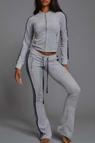 Casual Stripe Contrast Zipper Collar Long Sleeve Two Pieces