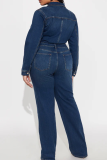 Casual Solid Color Buckle Turndown Collar Long Sleeve Regular Denim Jumpsuits