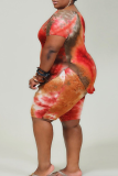 Casual Tie Dye Patchwork O Neck Plus Size Two Pieces