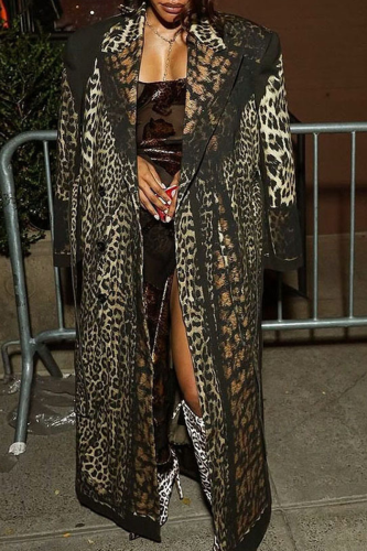 Casual Leopard Print Strap Design Turndown Collar Outerwear