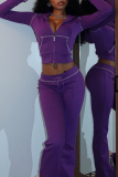 Casual Solid Color Zipper Hooded Long Sleeve Two Pieces