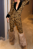Sexy Leopard Print Deep V Neck Skinny Jumpsuits