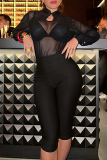 Sexy Solid Color Mesh Mandarin Collar Long Sleeve Two Pieces