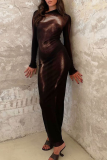 Sexy Print Patchwork Oblique Collar Long Dresses