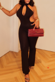 Sexy Solid Color Hollow Out Halter Skinny Jumpsuits