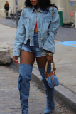 Casual Solid Color Buckle Turndown Collar Long Sleeve Loose Denim Jacket