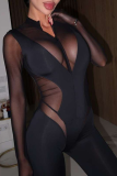 Sexy Solid Color See-Through Zipper Zipper Collar Skinny Jumpsuits