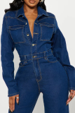 Casual Solid Color Buckle Turndown Collar Regular Jumpsuits