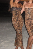 Sexy Leopard Print Lace Sequins Spaghetti Strap Long Dresses