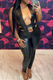 Sexy Solid Color Hollow Out Halter Skinny Jumpsuits