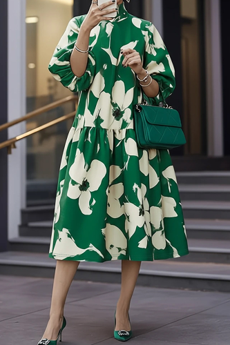 Elegant Print Contrast Turtleneck Long Plus Size Dresses