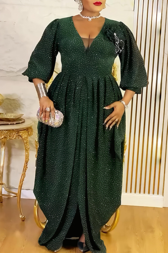 Elegant Solid Color Ruched V Neck Long Plus Size Dresses