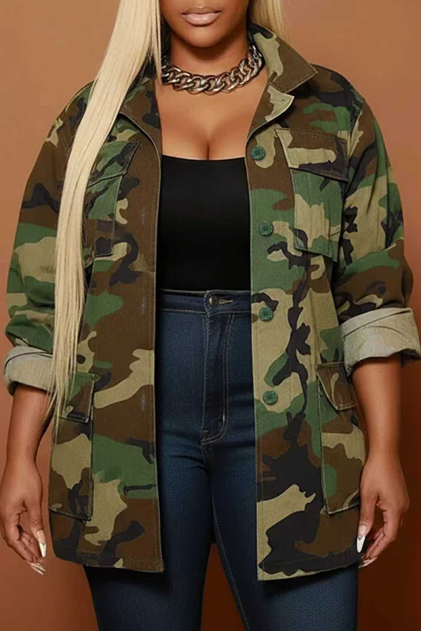 Casual Camouflage Print Buckle Turndown Collar Plus Size Overcoat