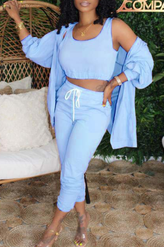 Blue Fashion Sexy adult Ma'am Patchwork Solid Three-Piece Suits Straight Long Sleeve Two Pieces