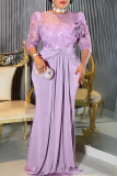 Elegant Solid Color Lace Sequins O Neck Evening Plus Size Dresses