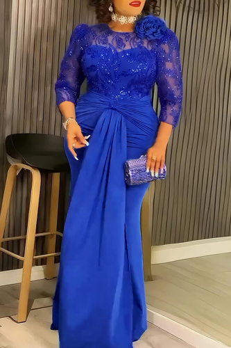 Elegant Solid Color Lace Sequins O Neck Evening Plus Size Dresses