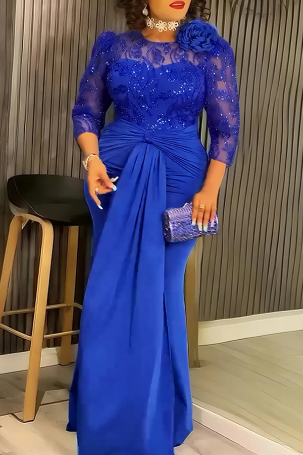 Elegant Solid Color Lace Sequins O Neck Evening Plus Size Dresses