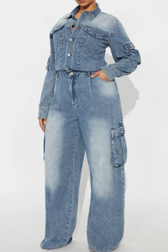 Casual Solid Color Buckle Turndown Collar Long Sleeve Loose Denim Jumpsuits